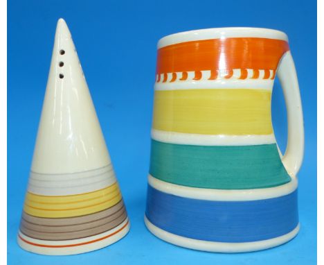 A Clarice Cliff conical sugar sifter decorated with concentric bands in grey, yellow and brown, black printed mark for Wilkin