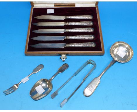 An early 20th century Russian silver 4 piece serving cutlery set comprising sugar tongs and shovel, sifter spoon and fork, 4 