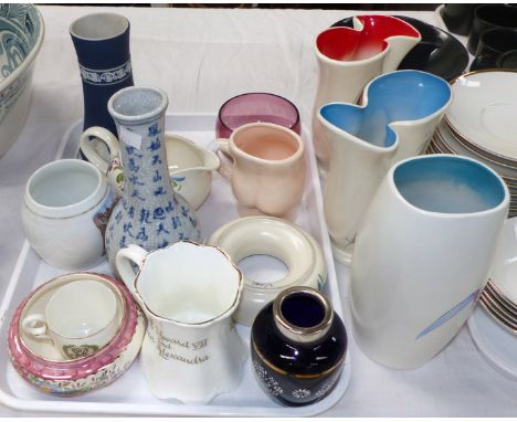 A selection of Burleigh ware vases; Poole pieces; motto pottery; Jasperware; etc.