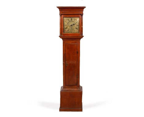 An oak 30 hour longcase clock the eleven inch square brass dial with Roman chapter ring, fleur de lys half hour markers, acan