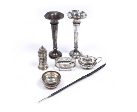 A small collection of various silver wares including bone handle toddy ladle, pair of rose vases, condiments etc
