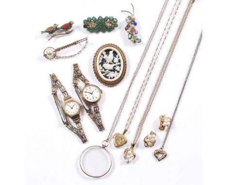A small collection of miscellaneous jewellery  including two ladies wrist watches, brooches, monocle, chains, a bar brooch se