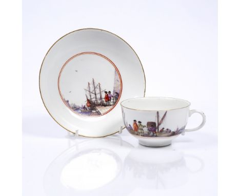 A Meissen teacup and saucer circa 1740, painted with harbour scenes, underglaze-blue crossed marks, 13.5cm diameter Provenanc