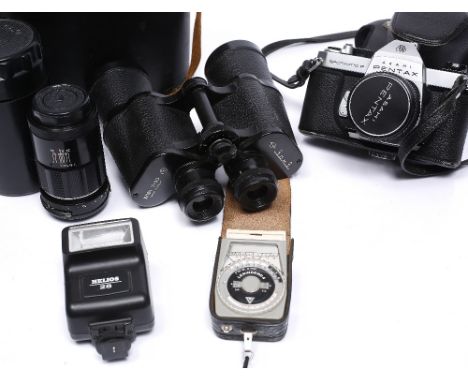 A cased pair of Russian binoculars together with a Pentax camera, lenses, light meters etc