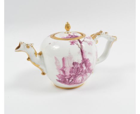 A Meissen porcelain teapot 18th Century, painted with Watteauesque figures and with animal spout and gilt shell handle, 18.5m