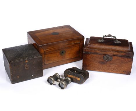 A Victorian walnut jewellery box,  a Georgian mahogany tea caddy and a  leather jewel box (3)