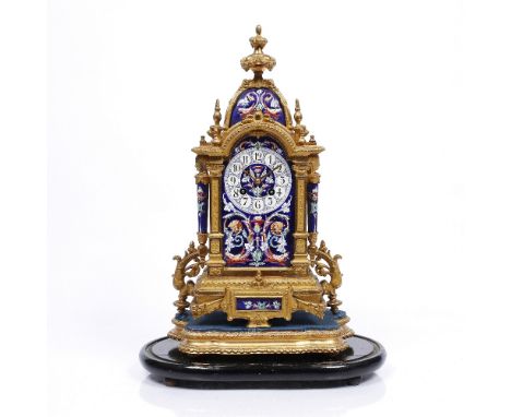 A late 19th Century French gilt metal mantel clock  with arched polychrome enamel Arabic dial, the Japy movement with bell st
