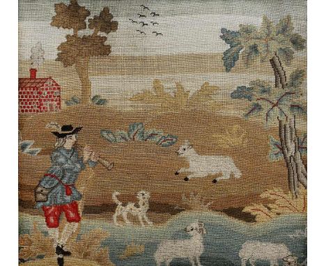 An early 18th Century wool work tapestry  showing a shepherd playing a pipe and his flock, 34cm x 33cm