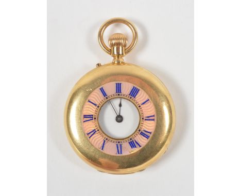 A Victorian ladies 18ct gold half hunter fob watch with enamel decoration, by John Hall & Co, Manchester, no. 26130