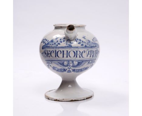 A Lambeth Delftware wet drug jar with Latin inscription within a blue cartouche, circa 1700/1730, 20cm high