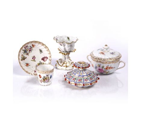 A Herend shell vase a porcelain cup and saucer, a bowl and cover and a French porcelain scent bottle (4)