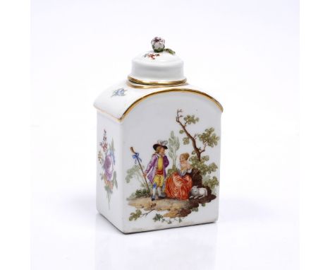 A Meissen tea caddy and cover circa 1760, painted with vignettes of children, 12.3cm high.  Provenance purchased at Sothebys 