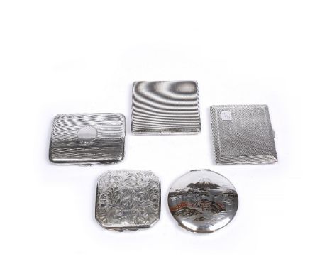 A collection of three silver cigarette cases with engine turned decoration, together with two powder compacts, one engraved w
