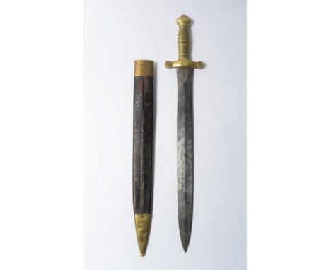 A French dagger with turned brass handle and leather scabbard, stamped Paris