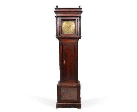 A brass 11 inch square longcase clock dial only, the Roman chapter ring with Arabic 5 minutes, the centre engraved with a shi