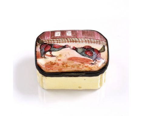 A 19th Century enamel pill box the lid painted with scene of cock fighting
