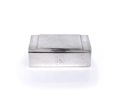 An Art Deco style silver cigarette box  with engine turned decoration (monogrammed Birmingham 1953)