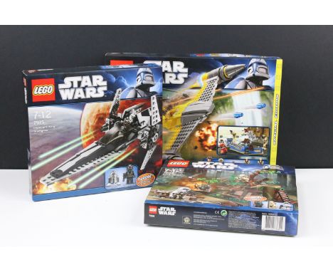 Star Wars Lego - Three boxed sets to include 7956 Ewok Attack, 7877 Naboo Starfighter (damage to box) and 7915 Imperial V Win