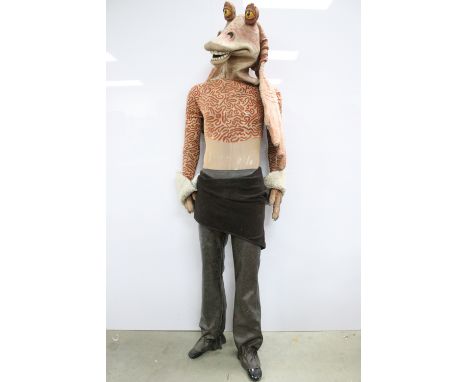 Signed Star Wars - Full Size replica Star Wars Jar Jar Binks outfit with latex head piece and feet, signed to left ear by Ahm