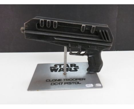 Star Wars - Scratch built Star Wars Clone Trooper DC-17 Pistol on metal plinth, some rust to plinth otherwise vg