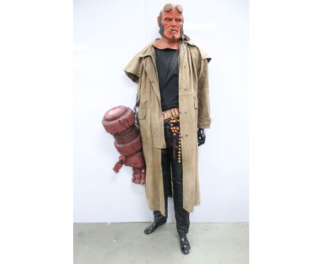 Full Size Hellboy outfit / costume with silicone painted mask with cigar in mouth, with jacket and The Right Hand Of Doom and