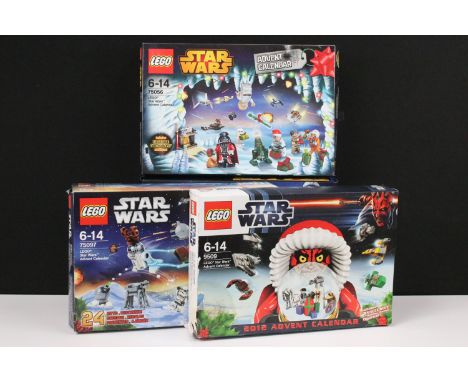 Star Wars - Four boxed Lego Star Wars Advent Calendars to include 7958 2011, 75056, 75097 &amp; 9509 2012 (damage to box), al