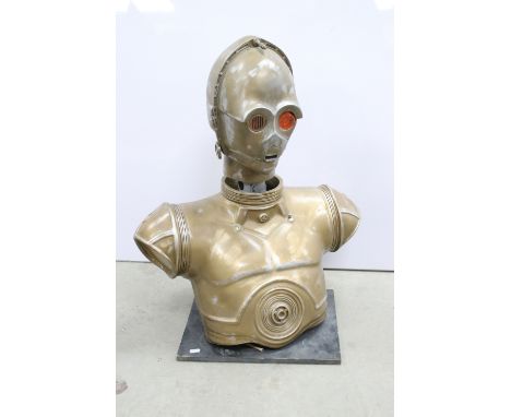 Star Wars - C-3PO scratch built bust, made from fibreglass / plastic material, displayed on wooden plinth with orange plastic