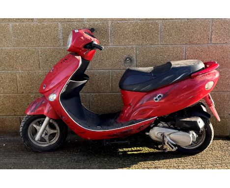 Moped styled after Deadpool's DP2 Vespa Scooter with custom 'DP2' plate with bullet decal stickers to front