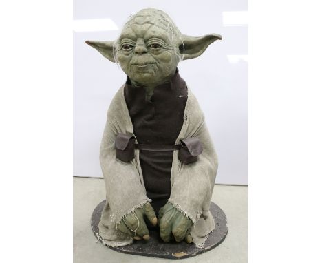 Star Wars - Full Size replica Yoda Episode V - The Empire Strikes Back figure, on wooden plinth with cloak, some signs of age