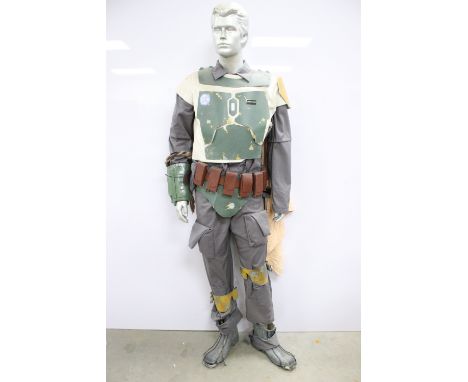 Star Wars - Full Size replica Star Wars Boba Fett outift on statue, with various accessories and jetpack accessory