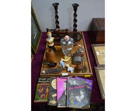 Parquetry Tray with Collectibles Including Deco Ice Bucket, Glass Toilet Pull, Candlesticks, Pipe Rack, Pen Knives, Hip Flask