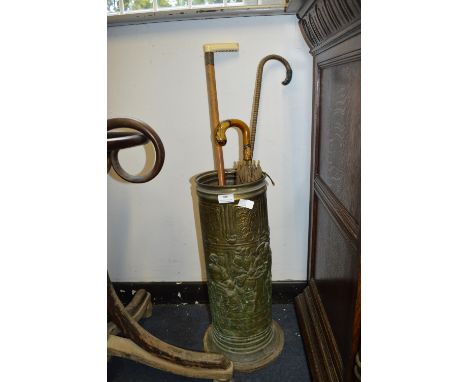 Brass Stick Stand and Contents 