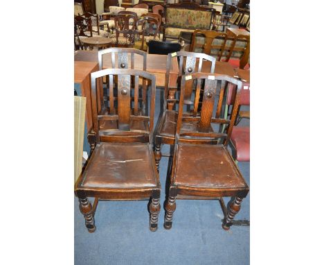 Four 1930's Oak Dining Chairs with Leatherette Seats 