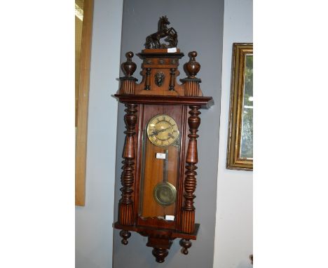Edwardian Vienna Wall Clock in Oak &amp; Mahogany (working condition with key) 