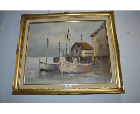 Gilt Framed Oil on Canvas by A. Daykin - Harbour Scene 1970's 