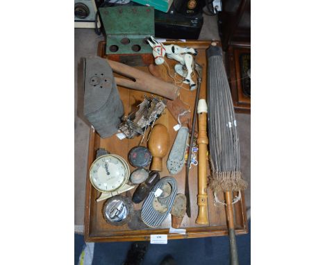 Tray Lot of Collectibles; Wooden Glove Stretcher, Recorder, Parasol, Tinplate Kitchen, etc. 