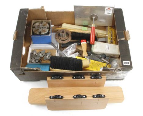 A box of tools inc mitre box, chuck and jaws, Tormek accessories etc G++