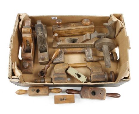 Two European braces, two planes, screwboxes, other tools and a decorative nut cracker G