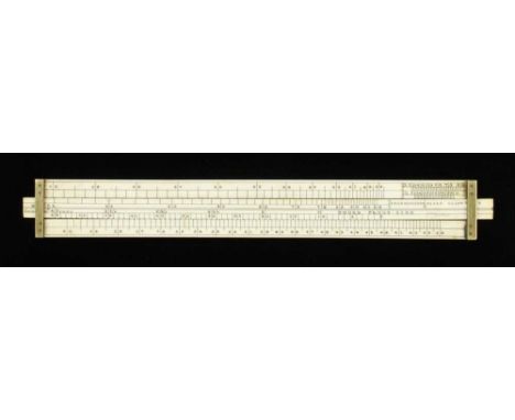 A 9 1/2" brewer's ivory slide rule with QUINN Patentee and Sikse's Concentrated Strength, Thermometer Scale, Under &amp; Over