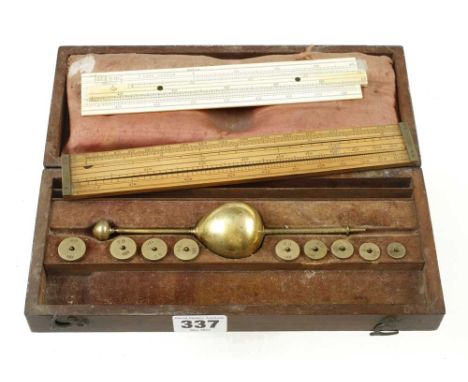 A Saccharometer in orig box by J LONG with ivory and boxwood slide rules lacks thermometer G-