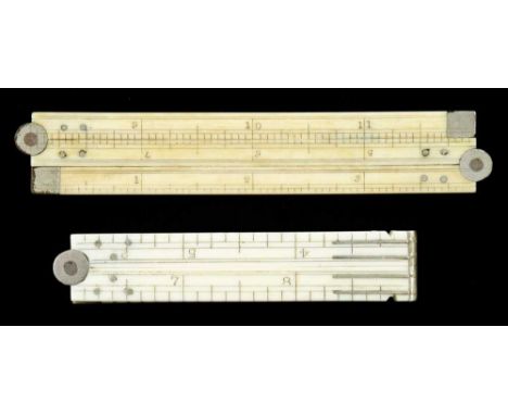A 12" four fold ivory rule by ARMY &amp; NAVY C.S.L. and a 12" three fold both with German silver fittings F