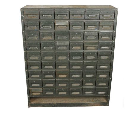 A bank of 54 industrial metal drawers 35" x 42" h x 12" deep each drawer with facility for a label Army Green G
