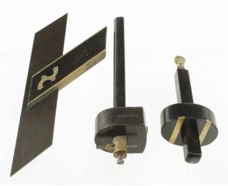 Three little used ebony and brass tools slitting gauge, mortice gauge and 12" bevel G++