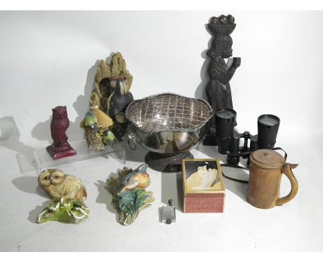 Silver plated rose bowl with twin loop handles on lion mask. Also included is a pair of binoculars, garden ornaments and a bo
