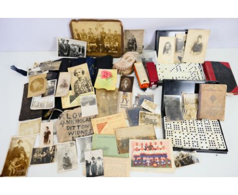 Lot to include two sets of Action For Blind People Dominoes, double nine and double six, wristwatch, vintage photographs, mil