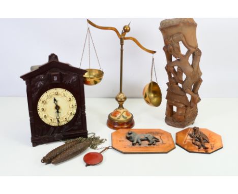 Lot to include a vintage cuckoo clock with two weights, decorative set of scales and other. [W]