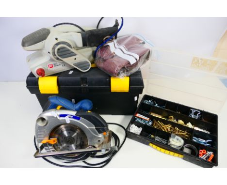 Lot to include a Powercraft Circular Saw, model PCCS/06 1619, a Belt Sander and a quantity of screws, screw hooks, locks and 