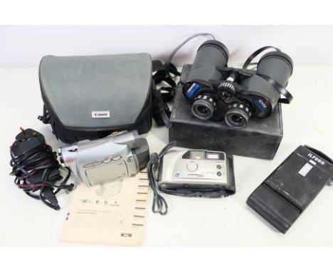 Photography - Lot to include an Olympus Newpic XB, Canon MV830, Ilford Prentice and a pair of binoculars. [W]