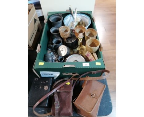 Box of pewter measures, Sterling Ware goblets, chamber pot and barometer 