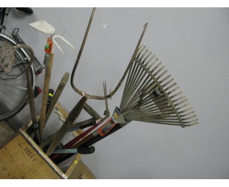 Garden tools, lawn edge cutters, pitchfork, etc. (tea chest not included)